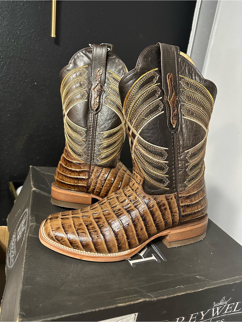 Men's Brown Exotic Leather Cowboy Boots with Dark Brown Shaft